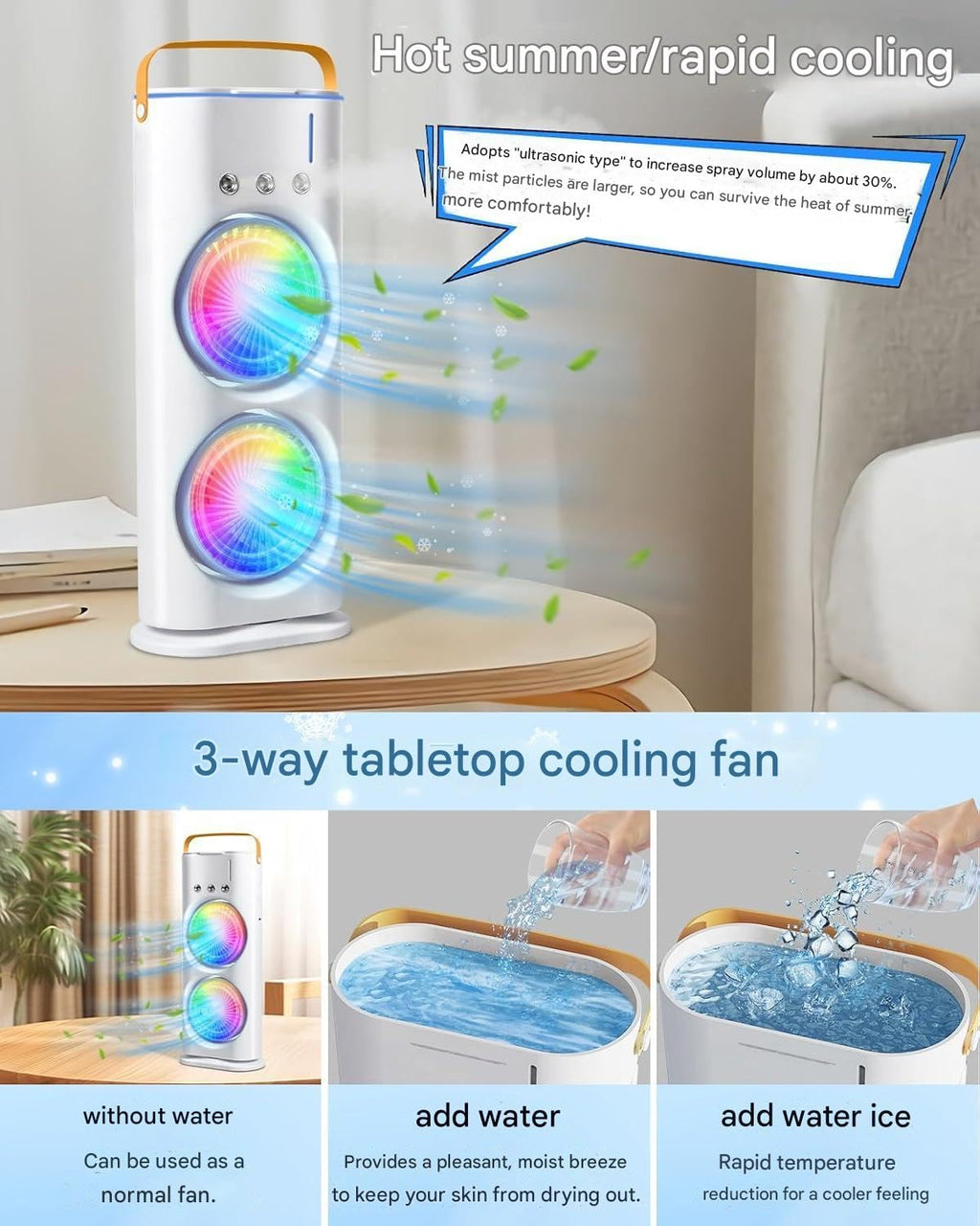 Portable Double Ended Spray Fan with Misting | USB Rechargeable Mini Air Cooler